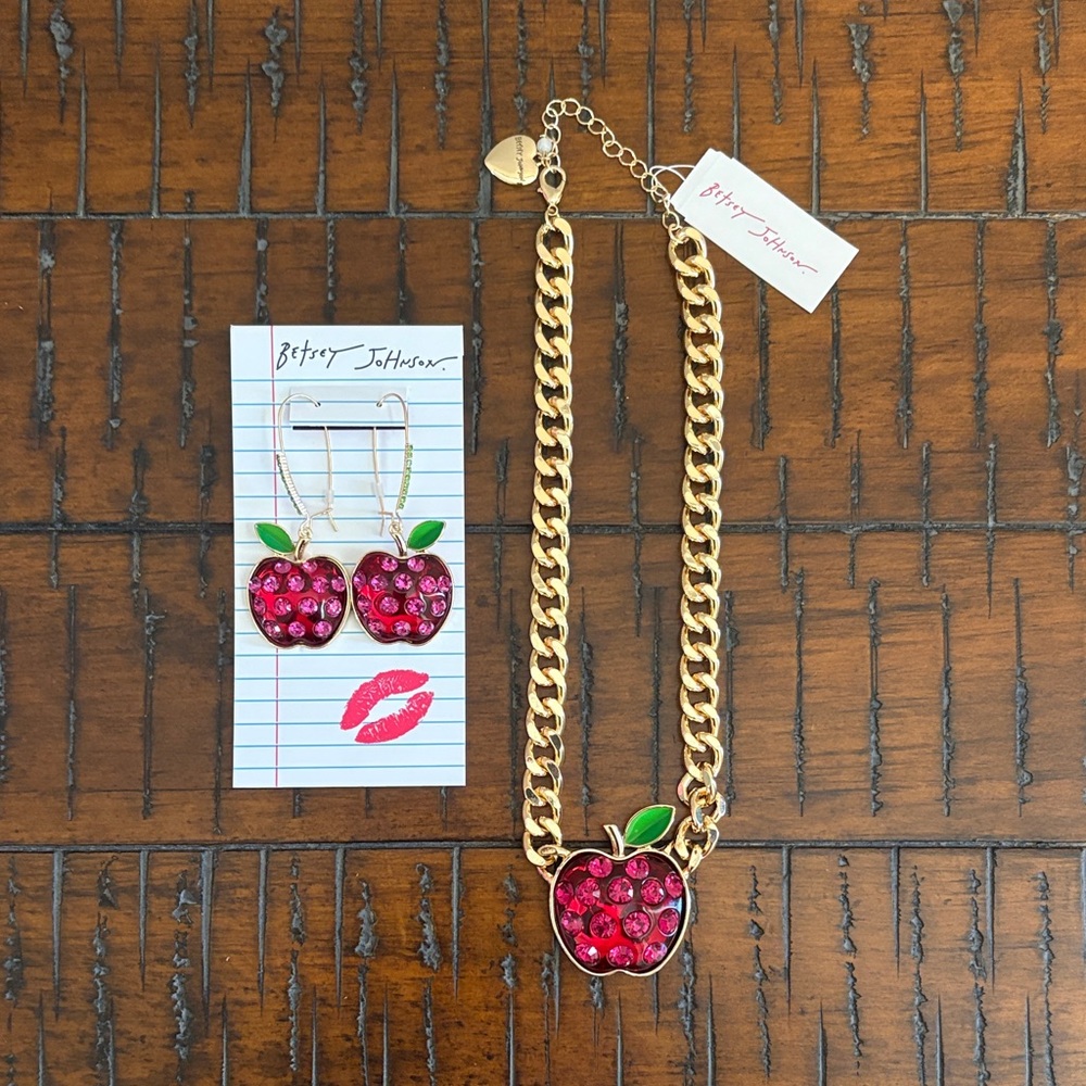 Betsey Johnson Gold Apple Jewelry Set with Red & Green Accents - Picture 1 of 17